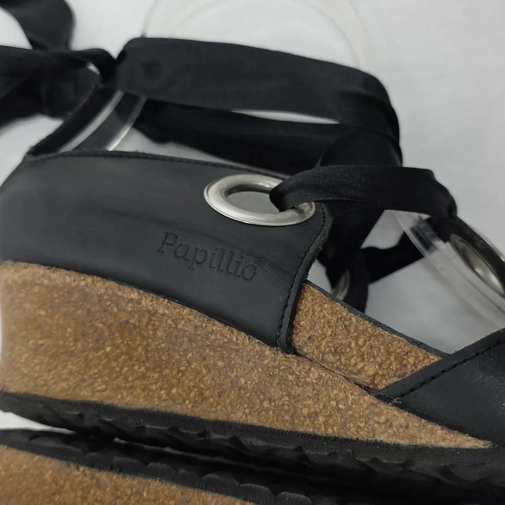 Papillio Birkenstock Black Emmy Leather Ankle Tie Strap Wedge Sandals Size 37‎